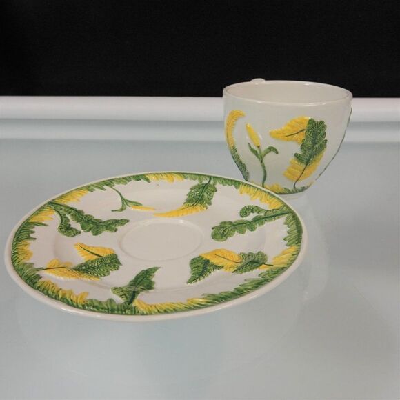 Vintage Italian Cup And Saucer Set Green Garden Ferns And Flower Bud Cottagecore - Picture 5 of 12